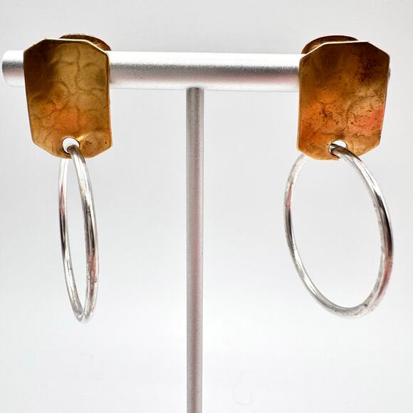 Marjorie Baer MB SF Hoop Earrings Mixed Metal Brutalist Industrial Clip On Artsy - Picture 8 of 16